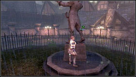 During the battle for Albion, after talking with Sabin, you will pass by a fence [1] with a sculpture and a big tree behind it - Bowerstone Old Quarters - Brightwall Books - Fable III - Game Guide and Walkthrough