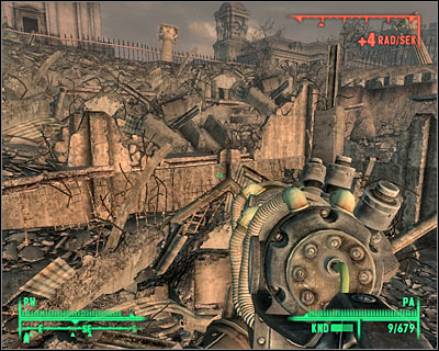 You can see in the upper right corner of the screen how much radiation you're receiving per second. Avoid exploring areas with high radiation. - Threats - Other - Fallout 3 - Game Guide and Walkthrough