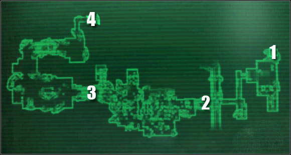 Map legend: 1 - entrance to the underground; 2 - entrance to the area occupied by new deathclaws; 3 - passageway near a destroyed building; 4 - exit to S - Main quests - QUEST 2: Shock Value - part 2 - Main quests - Fallout 3: Broken Steel - Game Guide and Walkthrough