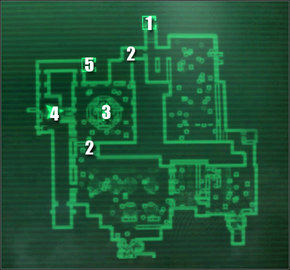 Map legend: 1 - entrance to the factory - Main quests - QUEST 2: Shock Value - part 3 - Main quests - Fallout 3: Broken Steel - Game Guide and Walkthrough