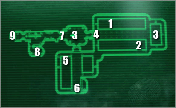 Map legend: 1 - holding cell where you start the game - Main quests - QUEST 1: Not Of This World - part 1 - Main quests - Fallout 3: Mothership Zeta - Game Guide and Walkthrough