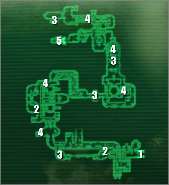 Map legend: 1 - passageway to: Holding Cells - Main quests - QUEST 1: Not Of This World - part 1 - Main quests - Fallout 3: Mothership Zeta - Game Guide and Walkthrough