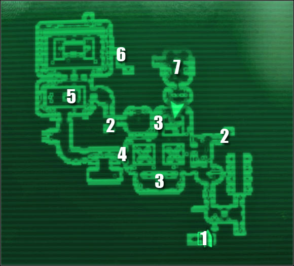 Map legend: 1 - passageway to: Engineering Core - Main quests - QUEST 2: Among The Stars: Secondary locations - part 1 - Main quests - Fallout 3: Mothership Zeta - Game Guide and Walkthrough