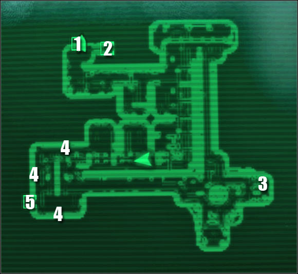 Map legend: 1 - passageway to: Engineering Core - Main quests - QUEST 2: Among The Stars: Secondary locations - part 2 - Main quests - Fallout 3: Mothership Zeta - Game Guide and Walkthrough