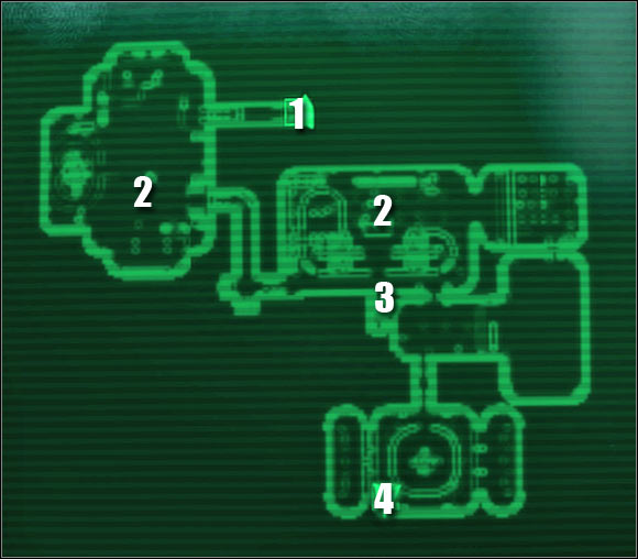 Map legend: 1 - passageway to: Cargo Hold - Main quests - QUEST 2: Among The Stars: Secondary locations - part 2 - Main quests - Fallout 3: Mothership Zeta - Game Guide and Walkthrough