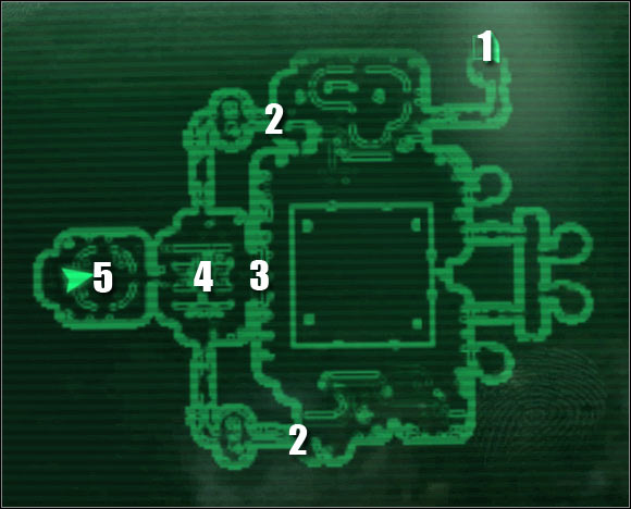 Map legend: 1 - passageway to: Engineering Core - Main quests - QUEST 2: Among The Stars: Primary locations - part 1 - Main quests - Fallout 3: Mothership Zeta - Game Guide and Walkthrough