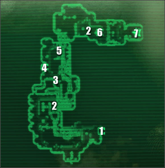 Map legend: 1 - passageway to: Engineering Core - Main quests - QUEST 2: Among The Stars: Primary locations - part 2 - Main quests - Fallout 3: Mothership Zeta - Game Guide and Walkthrough