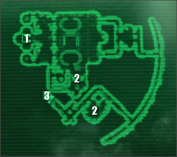 Map legend: 1 - teleportation matrix to: Biological Research - Main quests - QUEST 3: This Galaxy Aint Big Enough... - part 2 - Main quests - Fallout 3: Mothership Zeta - Game Guide and Walkthrough