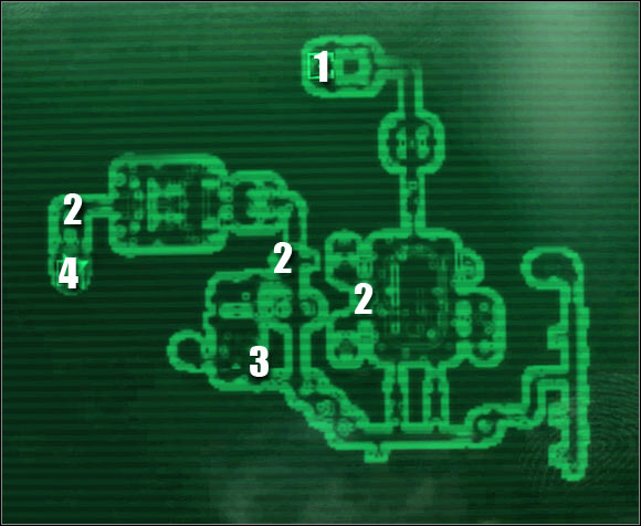 Map legend: 1 - teleportation matrix to: Death Ray Control - Main quests - QUEST 3: This Galaxy Aint Big Enough... - part 3 - Main quests - Fallout 3: Mothership Zeta - Game Guide and Walkthrough
