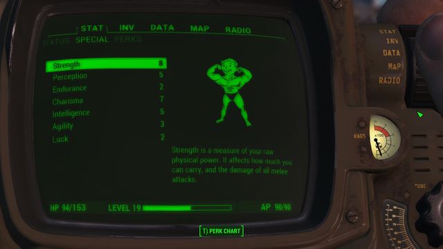 You can check your characters statistics in your Pip-Boy. This is also where you will distribute the points which you will receive after gaining new level. - S.P.E.C.I.A.L. - Fallout 4 - Game Guide and Walkthrough