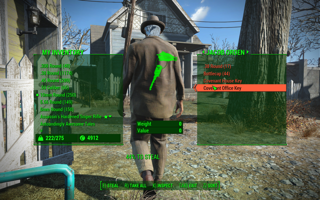 An example screen of checking someones possession when stealing - Sneaking up and pickpocketing - Fallout 4 - Game Guide and Walkthrough