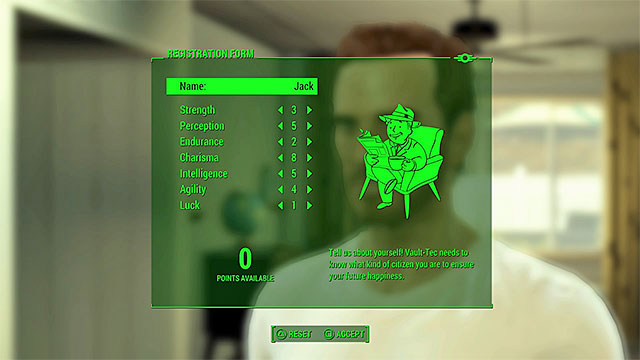 Name your character and distribute all the points between the main statistics - Prologue - Main story - Fallout 4 - Game Guide and Walkthrough