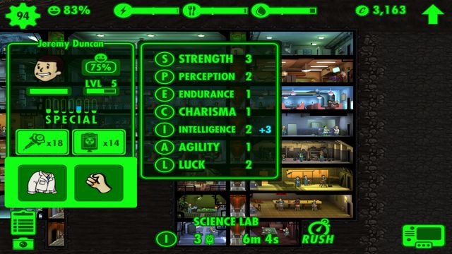 When you click on a dwellers profile you can analyze his statistics and bonuses gained from wearing an outfit - Dwellers - Fallout Shelter - Game Guide and Walkthrough