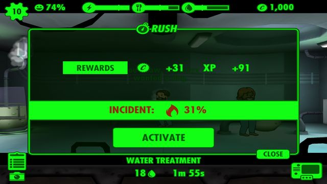 Using the rush option is important, but dont forget to check the level of an incident possibility - First steps - Fallout Shelter - Game Guide and Walkthrough