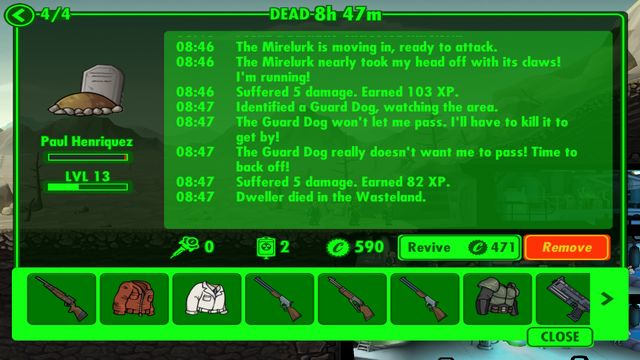 Dwellers death doesnt mean a loss of already found items - after revival he can keep on exploring. - Exploration - Exploration, weapons and outfits - Fallout Shelter - Game Guide and Walkthrough