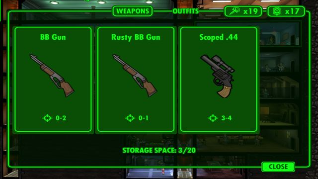 Sell useless guns (0-1 damage) to have more space in the warehouse. - Weapons - Exploration, weapons and outfits - Fallout Shelter - Game Guide and Walkthrough