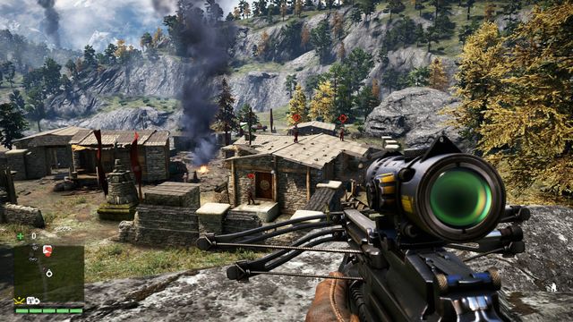 From the rock, you will have a good view on the front part of the camp. The most important thing is to eliminate the two snipers. - Pokhari Gara - Outposts - Two alarms - Far Cry 4 - Game Guide and Walkthrough