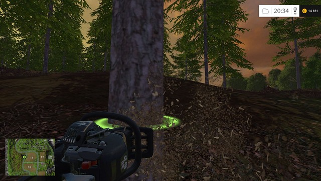 The circle marks the place where the chain saw will cut. - Woodcutting - Farming Simulator 15 - Game Guide and Walkthrough