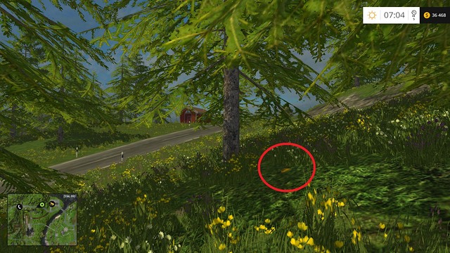 The coin is located near the road, between two trees - Section A - coins 1 - 12 - Gold coins - Farming Simulator 15 - Game Guide and Walkthrough