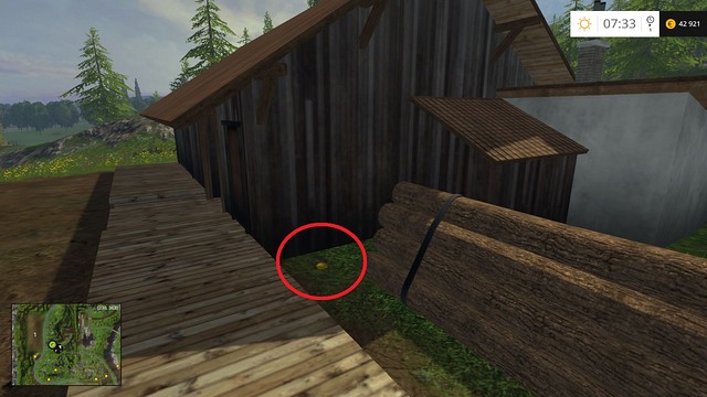 Near a wooden hut and some logs - Section A - coins 1 - 12 - Gold coins - Farming Simulator 15 - Game Guide and Walkthrough