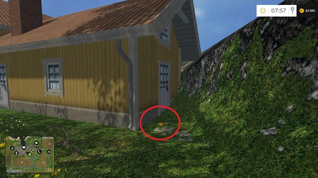 Behind a yellow house, near the rocks - Section B - coins 13 - 29 - Gold coins - Farming Simulator 15 - Game Guide and Walkthrough