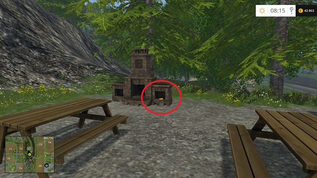 In a fireplace on a square with wooden tables - Section C - coins 30 - 44 - Gold coins - Farming Simulator 15 - Game Guide and Walkthrough