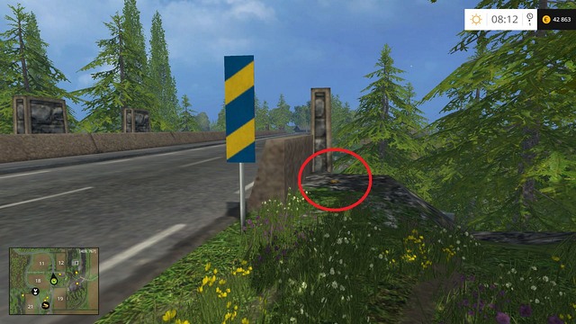 In the corner of the bridge, behind a sign - Section C - coins 30 - 44 - Gold coins - Farming Simulator 15 - Game Guide and Walkthrough