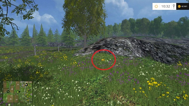 On a fenced meadow, near a rock - Section E - coins 55 - 69 - Gold coins - Farming Simulator 15 - Game Guide and Walkthrough
