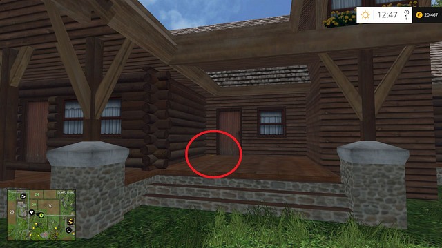 In front of one of the entrances to the big wooden house - Section F - coins 70 - 89 - Gold coins - Farming Simulator 15 - Game Guide and Walkthrough