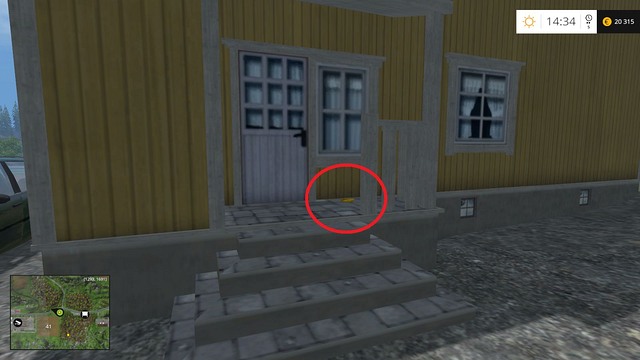In front of the entrance to a yellow house - Section G - coins 90 - 100 - Gold coins - Farming Simulator 15 - Game Guide and Walkthrough