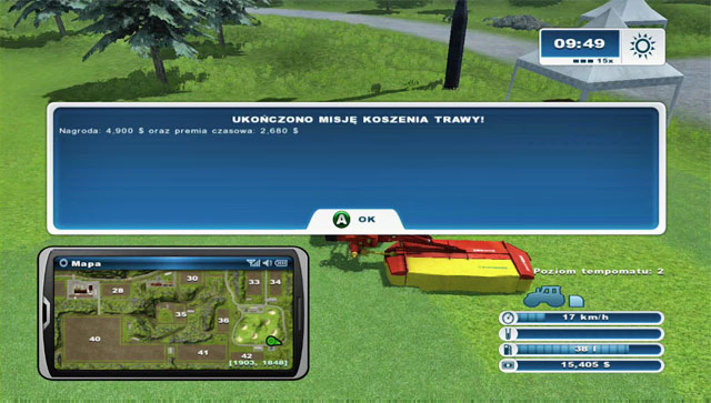 Mission complete screen with information on the basic reward and earned time bonus. - Missions - Farming Simulator 2013 - Game Guide and Walkthrough