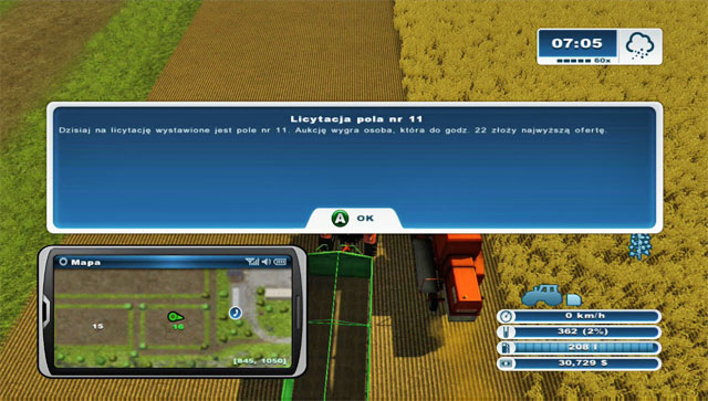 Prompt screen informing of a new field auction. - Buying a new field on an auction - Agriculture - Farming Simulator 2013 - Game Guide and Walkthrough