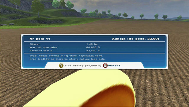 Here you can see information on the area of the field, the nominal price (without an auction) and the current highest bid - Buying a new field on an auction - Agriculture - Farming Simulator 2013 - Game Guide and Walkthrough