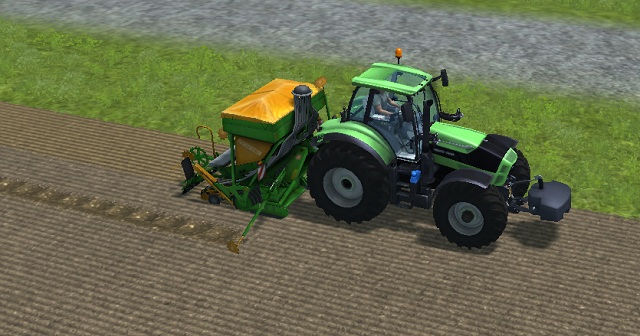The sowing machine in work. The sowed area is yellowish, and the marker helps maintain the course. - Grains - Agriculture - Farming Simulator 2013 - Game Guide and Walkthrough