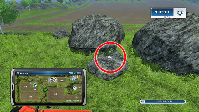 On a boulder behind the hills between fields 38, 39 and 40 - Area A: horseshoes #1-#13 - Horseshoes - Farming Simulator 2013 - Game Guide and Walkthrough