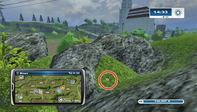 The horseshoe lies between rocks to the north of the river beside the Mill - Area B: horseshoes #14-#24 - Horseshoes - Farming Simulator 2013 - Game Guide and Walkthrough