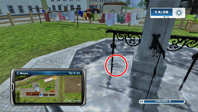 Nearby the place where you can sell wool there's a house with a fountain in the yard - Area B: horseshoes #14-#24 - Horseshoes - Farming Simulator 2013 - Game Guide and Walkthrough