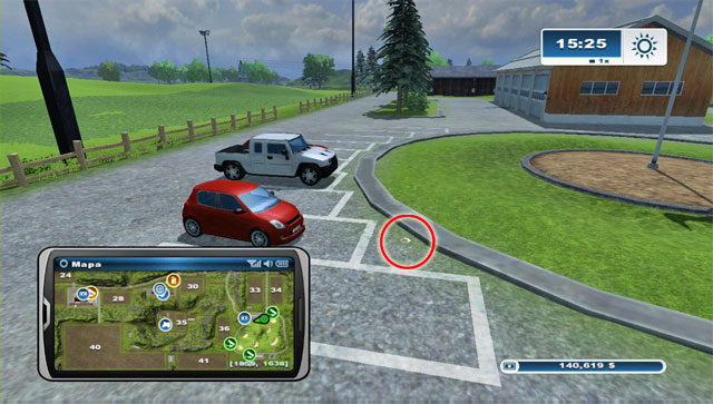 The horseshoe lies on the parking right beside the golf course - Area C: horseshoes #25-#36 - Horseshoes - Farming Simulator 2013 - Game Guide and Walkthrough