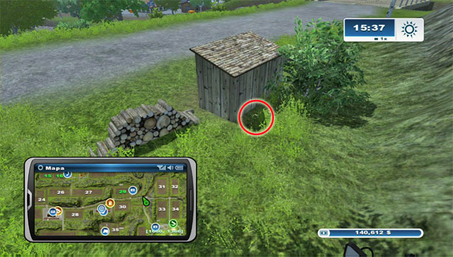 To the east of field 30, by the road, there's a pile of wood and a small shed - right behind it you will find the horseshoe - Area C: horseshoes #25-#36 - Horseshoes - Farming Simulator 2013 - Game Guide and Walkthrough