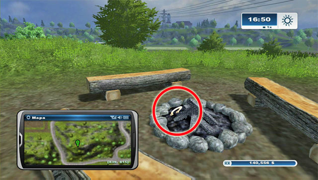North of field 14 there's a hill and on it a bonfire and wooden benches - Area E: horseshoes #45-#61 - Horseshoes - Farming Simulator 2013 - Game Guide and Walkthrough
