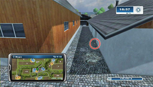 The horseshoe lies between two buildings to the east of the shop - Area E: horseshoes #45-#61 - Horseshoes - Farming Simulator 2013 - Game Guide and Walkthrough