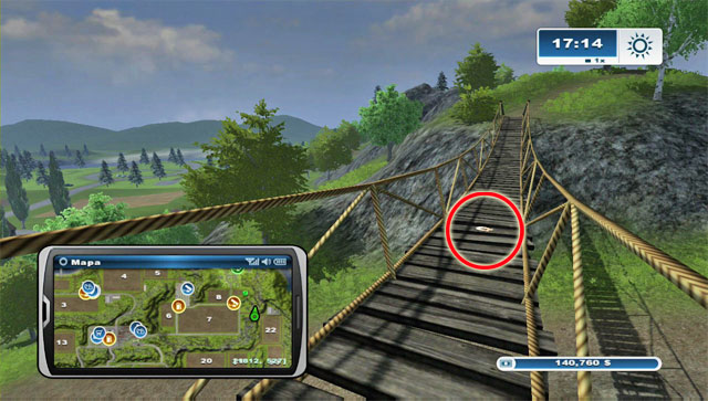 Between fields 7 and 22 there's a road with a rope bridge above - Area F: horseshoes #62-#73 - Horseshoes - Farming Simulator 2013 - Game Guide and Walkthrough
