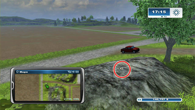 East of field 7, by the road to field 22, there's a large boulder - Area F: horseshoes #62-#73 - Horseshoes - Farming Simulator 2013 - Game Guide and Walkthrough