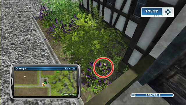 The horseshoe lies in the flowers growing by the southern wall of the Inn - Area F: horseshoes #62-#73 - Horseshoes - Farming Simulator 2013 - Game Guide and Walkthrough