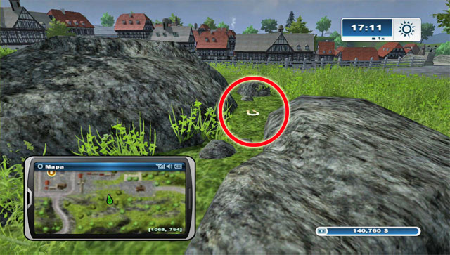 The horseshoe lies between rocks to the north of the town - Area E: horseshoes #45-#61 - Horseshoes - Farming Simulator 2013 - Game Guide and Walkthrough