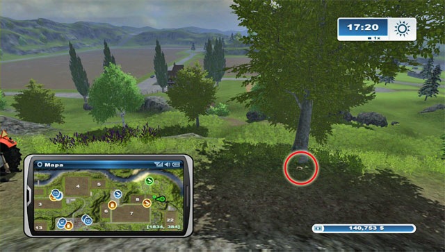 The horseshoe lies below one of the trees on the hill east of the Inn - Area F: horseshoes #62-#73 - Horseshoes - Farming Simulator 2013 - Game Guide and Walkthrough