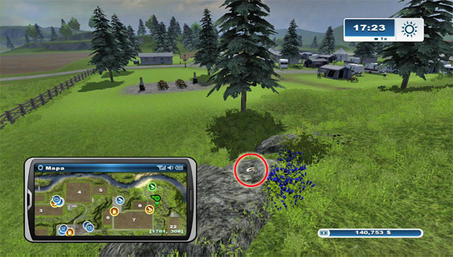 The horseshoe lies on a boulder south-east of the camping site (a bit closer to the site itself compared to #66), right by the bonfire - Area F: horseshoes #62-#73 - Horseshoes - Farming Simulator 2013 - Game Guide and Walkthrough