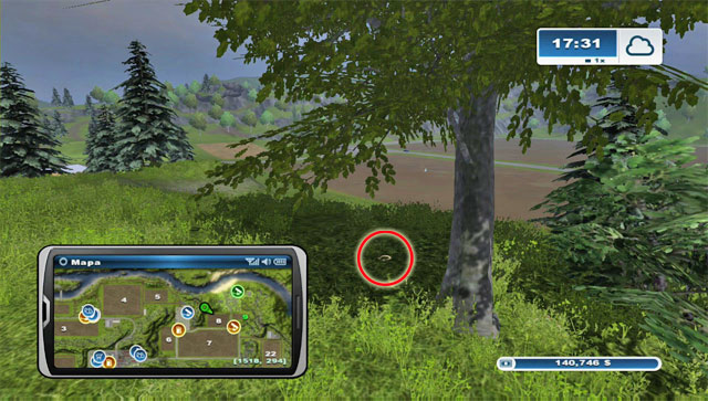 The horseshoe lies below a tree, on a hill north-west of field 8 - Area F: horseshoes #62-#73 - Horseshoes - Farming Simulator 2013 - Game Guide and Walkthrough