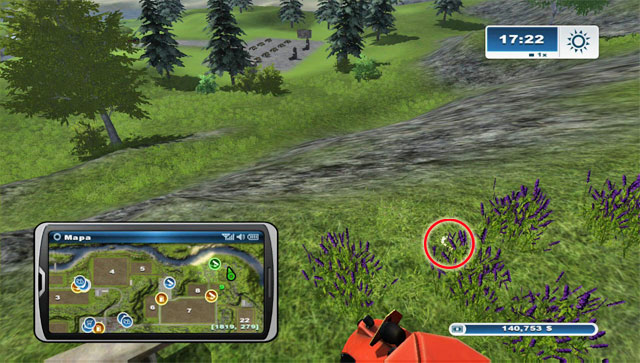The horseshoe lies in the flowers, on a hill south-east of the camping site, north-east of field 9 - Area F: horseshoes #62-#73 - Horseshoes - Farming Simulator 2013 - Game Guide and Walkthrough