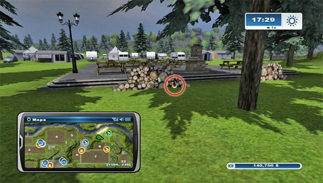 The horseshoe is leaning against a pile of wood to the west of the camping site - Area F: horseshoes #62-#73 - Horseshoes - Farming Simulator 2013 - Game Guide and Walkthrough